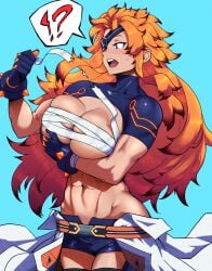 1girls abs anagumasan asher_(omega_strikers) big_breasts blue_eyes blush breast_hold budget_sarashi color_edit eyepatch long_hair muscular muscular_female omega_strikers orange_hair ritax sarashi third-party_edit wardrobe_malfunction