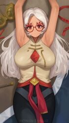 1girls above_view armpits arms_up blush breasts curvaceous from_above fully_clothed glasses hair_down large_breasts looking_at_viewer lying nhaliz purah purah_(tears_of_the_kingdom) round_glasses solo tears_of_the_kingdom the_legend_of_zelda voluptuous white_hair