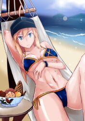 armpits beach blonde_hair blue_eyes breasts fate/grand_order fate_(series) hourglass_figure looking_at_viewer medium_breasts mysterious_heroine_xx_(fate) mysterious_heroine_xx_(foreigner) navel nez-3 pointy_chin thick_thighs