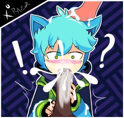 ! ? blowjob cat_boy cat_ears catboy confusion cum_blast cum_inside curious_cat cyan_hair excessive_cum gay green_eyes hand_on_head huge_cock kit_the_leprechaun leprechaun original_character razor_xo rth_series surprised_expression white_skin