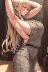 1girls ai_generated ai_love_higokko armpit_fetish armpits blonde_hair breasts female hi_res hips holaraai huge_breasts light-skinned_female light_skin long_hair milf original original_character red_eyes sideboob sweat sweaty_body thick_thighs thighs virgin_killer_sweater wide_hips