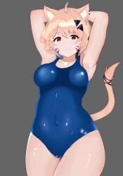 blonde_hair cat_ears catgirl face_markings female_only red_eyes squchan_(vtuber) swimsuit virtual_youtuber vyugen