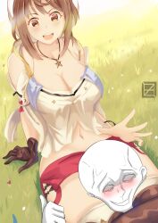 atelier_(series) atelier_ryza between_thighs bewitching_thighs big_breasts blush breasts eyebrows_visible_through_hair gloves grass hourglass_figure looking_at_viewer navel necklace nez-3 open_mouth reisalin_stout sitting sitting_on_ground thick_thighs