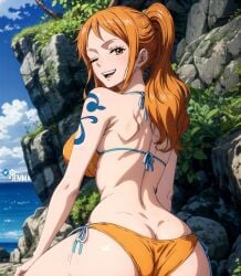 1girls ai_generated ass big_ass big_butt bikini breasts butt_crack female female_only hi_res huge_ass jemmasoria large_breasts nami nami_(one_piece) one_eye_closed one_piece orange_hair ponytail post-timeskip smile solo stable_diffusion wide_hips