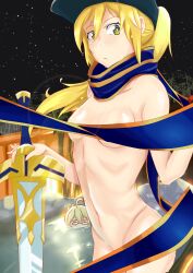 blonde_hair breasts fate/grand_order fate_(series) glasses green_eyes looking_at_viewer mysterious_heroine_xx_(foreigner) navel nez-3 no_bra no_panties small_breasts sword thick_thighs thighs weapon