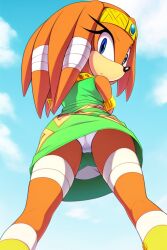 1girls 2d ai_generated anthro blue_eyes dreadlocks echidna female looking_at_viewer looking_back looking_down mammal mobian mobian_(species) mobian_echidna monotreme orange_body orange_fur orange_hair panties pantyshot sega skirt sonic_(series) sonic_adventure sonic_the_hedgehog_(series) tikal_the_echidna underwear upskirt white_panties