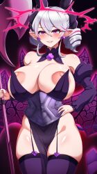 armored_dress blush demon_girl duel_monster dward huge_breasts labrynth_of_the_silver_castle legwear lovely_labrynth_of_the_silver_castle smile voluptuous white_hair wings yu-gi-oh!