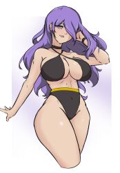 1girls adjusting_hair alternate_costume bare_thighs bikini black_bikini black_swimsuit breasts camilla_(fire_emblem) choker cleavage female female_only fire_emblem fire_emblem_fates hair_over_one_eye in2naps large_breasts long_hair nintendo open_mouth smile solo swimsuit thighs underboob white_background