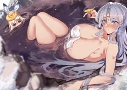 2girls :o absurdres air_bubble animal_ears blonde_hair breast_envy breasts bubble cleavage drink echocalypse eriri_(echocalypse) female female_only first_porn_of_character first_porn_of_franchise forehead_jewel glass grey_eyes grey_hair hair_intakes highres huge_breasts hukii jealous jitome large_breasts levia_(echocalypse) light-skinned_female light_skin looking_at_viewer multiple_girls naked_towel onsen parted_bangs partially_submerged rabbit_ears red_eyes sitting staring staring_at_breasts towel water