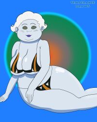 angel_(dragon_ball) bbw bikini bikini_bottom bikini_top blue_skin breasts dragon_ball dragon_ball_super hypnosis large_ass large_breasts martinu mind_control older_female purple_lipstick ringed_eyes short_hair smile smiling_at_viewer solo solo_female solo_focus string_bikini temperancedraws white_hair wide_hips