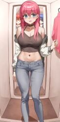 3girls anteiru anteiru3939 belly belly_button blush bocchi_the_rock! breasts changing_room choker cleavage clothing curvy curvy_female curvy_figure earrings female female_only gotou_hitori hi_res hoop_earrings jacket jeans kita_ikuyo large_breasts midriff mirror necklace nervous nervous_smile pink_hair shy skimpy skimpy_clothes smile sparkling_eyes sunglasses yamada_ryou