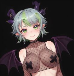 1girls ai_generated blue_hair breasts collar cross_pasties demon_wings dutch_angle eyelashes female fishnet_shirt froot green_eyes green_hair highres horns lich looking_at_viewer multicolored_hair nipple_tape pasties pointy_ears smile smiling smiling_at_viewer solo solo_female two-tone_hair virtual_youtuber vshojo wings