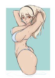 1girls adjusting_hair alternate_costume armpits ass big_ass bikini blonde_hair blue_background blue_swimsuit breasts cleavage corrin_(fire_emblem) corrin_(fire_emblem)_(female) covered_nipples female female_only fire_emblem fire_emblem_fates in2naps large_breasts long_hair looking_at_viewer nintendo partially_submerged pointy_ears red_eyes sideboob solo swimsuit water white_bikini white_swimsuit