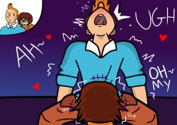 1boy 1girls blowjob crossover fellatio hanna-barbera implied_fellatio implied_oral implied_sex open_mouth oral pleasure_face scooby-doo spread_legs straight the_adventures_of_tintin tintin tongue tongue_out velma_dinkley