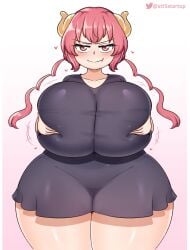 big_breasts black_shirt evil_smile grabbing_breasts grabbing_own_breast heart holding_breast horns ilulu_(dragon_maid) imminent_cum_tribute looking_at_viewer miss_kobayashi's_dragon_maid pink_eyes pink_hair smile smiling_at_viewer startop teasing_viewer thick_body