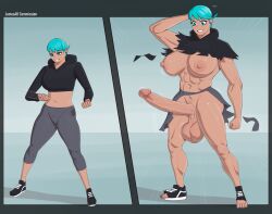 amazon beanie before_and_after breast_expansion futanari futanari_transformation green_eyes green_hair hands_behind_head height_growth hoodie huge_cock injection jamesab large_ass large_balls large_breasts large_penis muscles muscular muscular_futanari ripped_clothing transformation