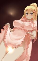 awa big_breasts blonde_hair blue_eyes blush breasts censored clothes_lift covered_erect_nipples darkness_(konosuba) dress dress_lift female frilled_dress frills hair_ornament hairclip highres kono_subarashii_sekai_ni_shukufuku_wo! large_breasts long_hair nipples no_panties novelty_censor pink_dress ponytail solo x_hair_ornament