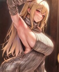 1girls ai_generated ai_love_higokko armpit_fetish armpits blonde_hair breasts female hi_res hips holaraai huge_breasts light-skinned_female light_skin long_hair milf original original_character red_eyes sideboob sweat sweaty_body thick_thighs thighs virgin_killer_sweater wide_hips