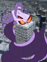 arbok building coiling destruction fangs giantess gigantic_breasts heart-shaped_pupils long_hair original_character purple_hair purple_skin red_eyes rust_and_bolts tagme tongue_out tongue_piercing