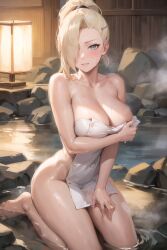 ai_generated big_breasts blonde_hair blue_eyes blush boruto:_naruto_next_generations breasts cleavage completely_nude covering covering_self embarrassed hair_over_one_eye holding_object holding_towel hot_spring ino_yamanaka kneeling lipstick looking_at_viewer looking_away makeup mature mature_female milf naruto naruto_(series) naruto_shippuden nude on_knees onsen ponytail solo solo_focus stable_diffusion tied_hair towel towel_only voluptuous yamanaka_ino yaouchiha