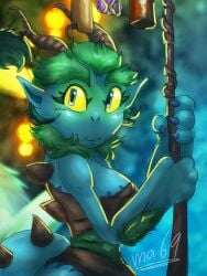 anthrofied art blue_eyes blue_skin carillong clothed_female dragon eastern_dragon female green_hair msmartist69 my_singing_monsters rare_carillong rule_63 scalie solo yellow_sclera