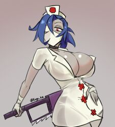 bandage big_breasts blue_hair bursting_breasts choker cleavage curvy face_mask huge_breasts lab_zero_games mask nurse nurse_cap nurse_uniform ponytail red_eyes skullgirls valentine_(skullgirls) wide_hips zdecielo