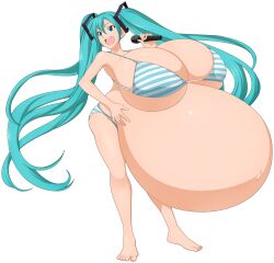 bikini breasts_bigger_than_head cleavage hatsune_miku huge_breasts hyper hyper_pregnancy microphone open_mouth overweight pregnant saburox singing smile solo swimsuit tagme vocaloid