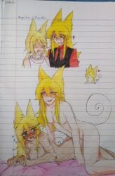 1boy 1girls alisa_psycho animal_ears animal_tail blonde_hair blush cat_ears cat_tail catgirl dark-skinned_female funamusea genderbent genderswap_(ftm) heart interracial light-skinned_male moge-ko mogeko_castle pancetta rule_63 sex sweat traditional_art traditional_media traditional_media_(artwork)