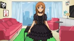 1girls black_dress blue_eyes bond_of_ecstasy bow_choker breasts brown_hair buildings chair choker coffee_table couch curtains dress game_cg lamp long_hair looking_at_viewer medium_breasts pantyhose picture_frame pillow pinktea rug slave tv window