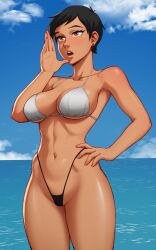 abs absurdres armpits beach bikini black_bikini black_hair blue_sky breasts brown_eyes calling cleavage cloud collarbone commentary dc dc_comics earrings english_commentary eyelashes female hand_on_own_hip hand_to_own_face highleg highleg_bikini highres hip_bones hip_grab hips jewelry large_breasts lips lois_lane lois_lane_(my_adventures_with_superman) mangho my_adventures_with_superman navel nose ocean open_mouth outdoors short_hair sideboob sky solo standing string_bikini stud_earrings superman_(series) swimsuit tan teeth thighs tomboy toned underboob upper_teeth_only very_short_hair white_bikini