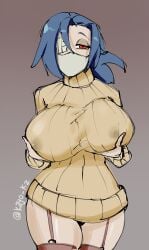 big_breasts blue_hair facemask holding holding_breast huge_breasts lab_zero_games leaking_milk lingerie mask nipples_visible_through_clothing red_eyes skullgirls sweater thick_thighs thigh_highs turtleneck turtleneck_sweater valentine_(skullgirls) wide_hips zdecielo