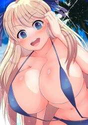 1girls alternate_breast_size asian asian_female big_breasts bikini bimbo blonde_hair blue_eyes blush breasts cloud female female_only gigantic_breasts hair_ribbon huge_breasts katsuragi_(senran_kagura) konnyaku1996 large_breasts looking_at_viewer looking_down massive_breasts navel open_mouth palm_tree senran_kagura skindentation sky sling_bikini smile solo sun sunbeam