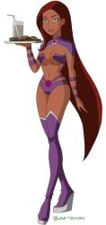 batman_and_harley_quinn dc dcau female_focus glee-chan green_eyes holding_plate long_hair red_hair revealing_clothes solo solo_female solo_focus starfire_(cosplay) tan tanned_skin transparent_background waitress walking