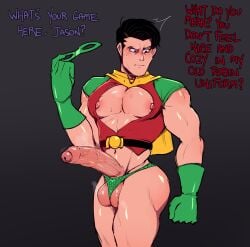 1boy ballsack batman batman_(bruce_wayne) batman_(series) big_cock big_penis bruce_wayne buff cleavage cosplay dc dc_comics dialogue english_text erect_penis erection foreskin gay huge_cock jason_todd kiddeathx_(artist) male male_only muscles muscular muscular_male nipples penis penis_out red_hood_(dc) robin_(dc) robin_(dc)_(cosplay) small_clothes solo tagme text thick thick_thighs thong tight_clothing underwear veiny_penis yaoi