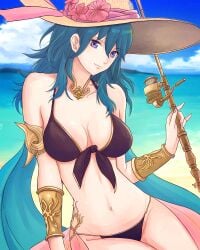 1girls absurdres alternate_costume bangs beach bikini black_bikini black_swimsuit blue_eyes blue_hair breasts byleth_(female)_(fire_emblem) byleth_(fire_emblem) byleth_(fire_emblem)_(female) cleavage commentary female female female_only fire_emblem fire_emblem:_three_houses hat highres long_hair looking_at_viewer medium_breasts medium_hair navel nintendo ocean simple_background smile solo swimsuit teal_hair truejekart weapon