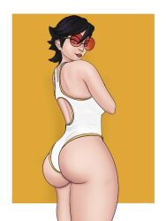 big_ass big_butt female female_only league_of_legends light-skinned_female light_skin looking_at_viewer red-tinted_eyewear red_glasses sentinel_vayne short_hair solo solo_female sunglasses swimsuit the_ruined_king_saga thick_thighs tinted_eyewear vaybu vayne white_suit