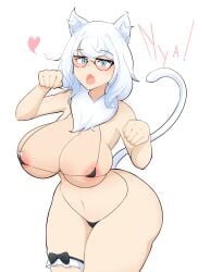 1girls 2d_(artwork) areolae belly belly_button big_breasts blue_eyes bowtie cat_ears cat_pose cat_tail catgirl desti_n_moon garter glasses light-skinned_female micro_bikini neck_tuft original_character roblox robloxian sharp_teeth tail thick_thighs white_ears white_hair white_tail wide_hips