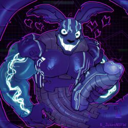 1boy blue_body claws cock dick electricity five_nights_at_freddy's five_nights_at_freddy's:_security_breach glow glowing glowing_eyes hand_on_penis hands heart k_jukesnsfw kidde_jukes large_male large_penis male male_only muscular mxes_(fnaf) penis rabbit rabbit_ears security_breach:_ruin solo wires