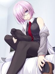 1girls alternate_version_available bed bedroom big_breasts black_pantyhose blush chaldea_uniform fate/grand_order fate_(series) feet female foot_fetish foot_focus foot_up glasses holding_shoe hoodie imminent_footjob indoors large_breasts legs light_blush looking_at_viewer mash_kyrielight naturalton necktie necktie_between_breasts offscreen_male open-mouth_smile open_mouth pantyhose pink_hair presenting_foot purple_eyes red_necktie shiny_hair shiny_skin shirt shoes shoes_removed short_hair sitting sitting_on_bed soles thighs tongue