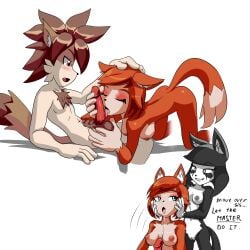 anthro crossover elina_(kenjikanzaki05) kenjikanzaki05 licking_penis nastypoke_(goshaag) oc shen_lei_fan_(kenjikanzaki05)