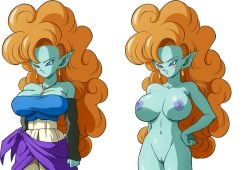 1girls big_breasts blue_eyes blush clothed curly_hair dragon_ball dragon_ball_z earrings female female_only fully_clothed gold_jewelry green_skin kame_paradise_3 long_hair naked nude solo solo_female tagme yamamoto_doujin zangya