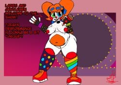 baby_(fnafsl) blue_eyes chubby chubby_female circus_baby circus_baby_(fnaf) clown clown_girl five_nights_at_freddy's freckles freckles_on_ass freckles_on_breasts freckles_on_face gloves green_eyes kink-klown microphone naked_female orange_hair pubic_hair pussy red_nipples shoes_on socks_and_shoes solo vagina white_skin