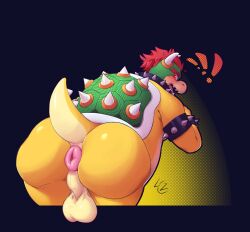 1boy 2023 accessory animal_genitalia animal_penis anus ass big_penis black_background bowser dick hi_res horns leaning_forward limecultist looking_at_viewer looking_back male male_only mario_(series) nintendo nipples open_mouth penis puffy_anus showing_ass simple_background solo solo_male standing tagme tail testicles