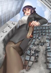 big_breasts black_pantyhose building_destruction buildings city clothed_female destruction giant giantess heels kkasi00 macro office_lady office_uniform pantyhose pencil_skirt purple_hair size_difference skirt stockings yuu_bit-na_(kindaichi109)