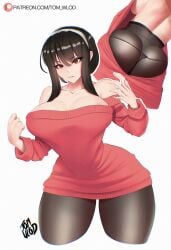 1girls 2022 alternate_version_available artist_name ass ass_cleavage bare_shoulders big_ass big_breasts black_hair black_pantyhose black_thong butt_crack collarbone dark_hair dat_ass dress looking_at_viewer multiple_images multiple_scenes multiple_views no_bra pantyhose red_dress red_eyes red_sweater spy_x_family sweater sweater_dress thick_thighs thighs thong tom_wlod white_background yor_briar yor_forger