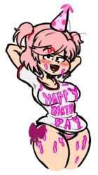 1female 1girls armpits birthday birthday_hat blush blush_lines blushing bow breasts cartoon56-draws collarbone doki_doki_literature_club female female_focus female_only hat headwear heart_print heart_print_panties mouth_open natsuki_(doki_doki_literature_club) only_female open_mouth panties pink_hair print_panties red_bow shirt solo solo_female solo_focus thick_thighs thighs transparent_background