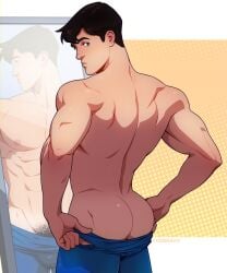 1boy ass back back_muscles back_view big_ass big_butt black_hair blue_eyes butt clark_kent dc foxbravo human human_only light-skinned_male light_skin looking_at_viewer looking_back looking_back_at_viewer male male_focus male_only mirror muscular_male my_adventures_with_superman pubic_hair pulling_down_pants solo solo_male superman superman_(series) thick_ass thick_butt topless