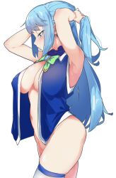 adjusting_hair aqua_(konosuba) armpits arms_up blue_eyes blue_hair blush breasts cowboy_shot dressing female from_side kono_subarashii_sekai_ni_shukufuku_wo! large_breasts long_hair looking_down navel no_panties open_clothes re:ankh_(mrsz4523) simple_background sleeveless solo standing thighhighs vest white_background white_thighhighs