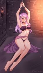 armpits arms_up blush cleavage dungeon fleur_de_lis_(mlp) friendship_is_magic hairclip humanized large_breasts lavender_hair long_hair looking_at_viewer my_little_pony purple_eyes roychan_art sarong slave slave_collar slave_outfit slavegirl wrist_cuffs