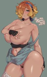 1girls areolae breast_hold breasts dark-skinned_female female fingerless_gloves gloves hair_over_one_eye hand_bra huge_breasts navel nipple_peek no_panties original plump pubic_hair ryo_agawa short_hair solo solo_female tan_skin thick_thighs thighhighs wide_hips